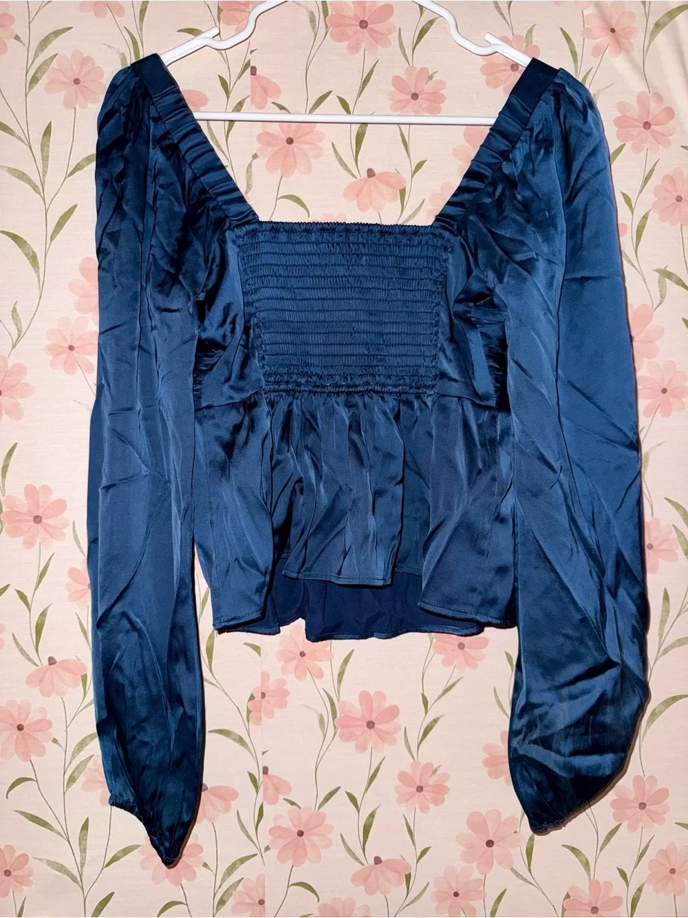 Abercrombie & Fitch Navy Square Neck Satin Peplum Long-Sleeve Top